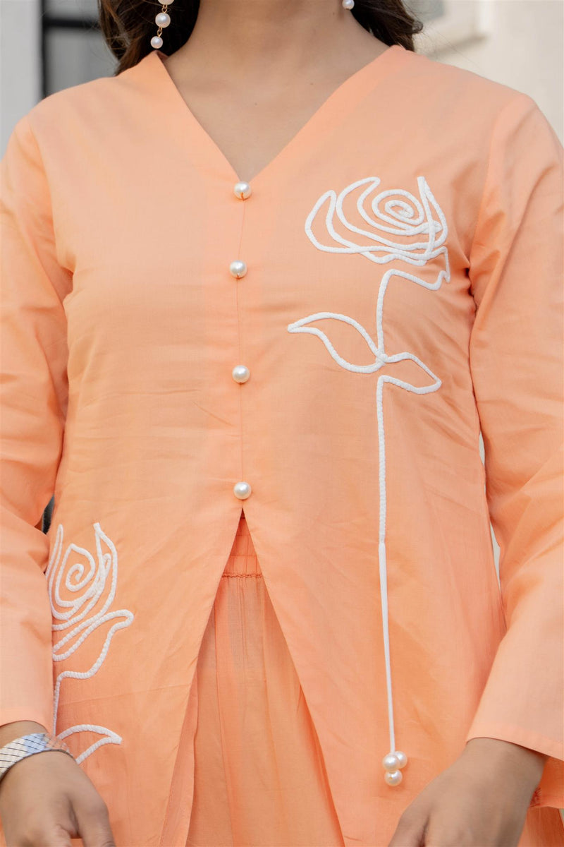 Woman Cotton V-Neck with Collor Hand Brush Painted Cord Set