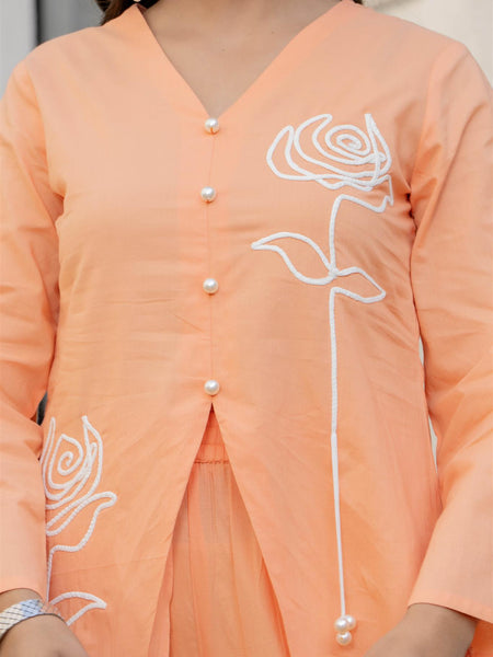 Woman Cotton V-Neck with Collor Hand Brush Painted Cord Set