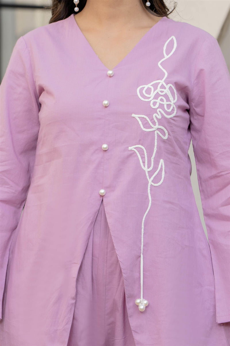 Woman V-Neck Hand Brush Painted Cord Set