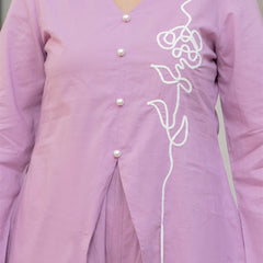 Woman V-Neck Hand Brush Painted Cord Set