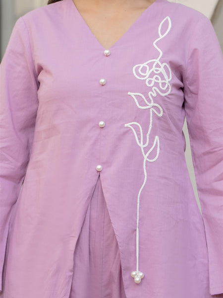 Woman V-Neck Hand Brush Painted Cord Set