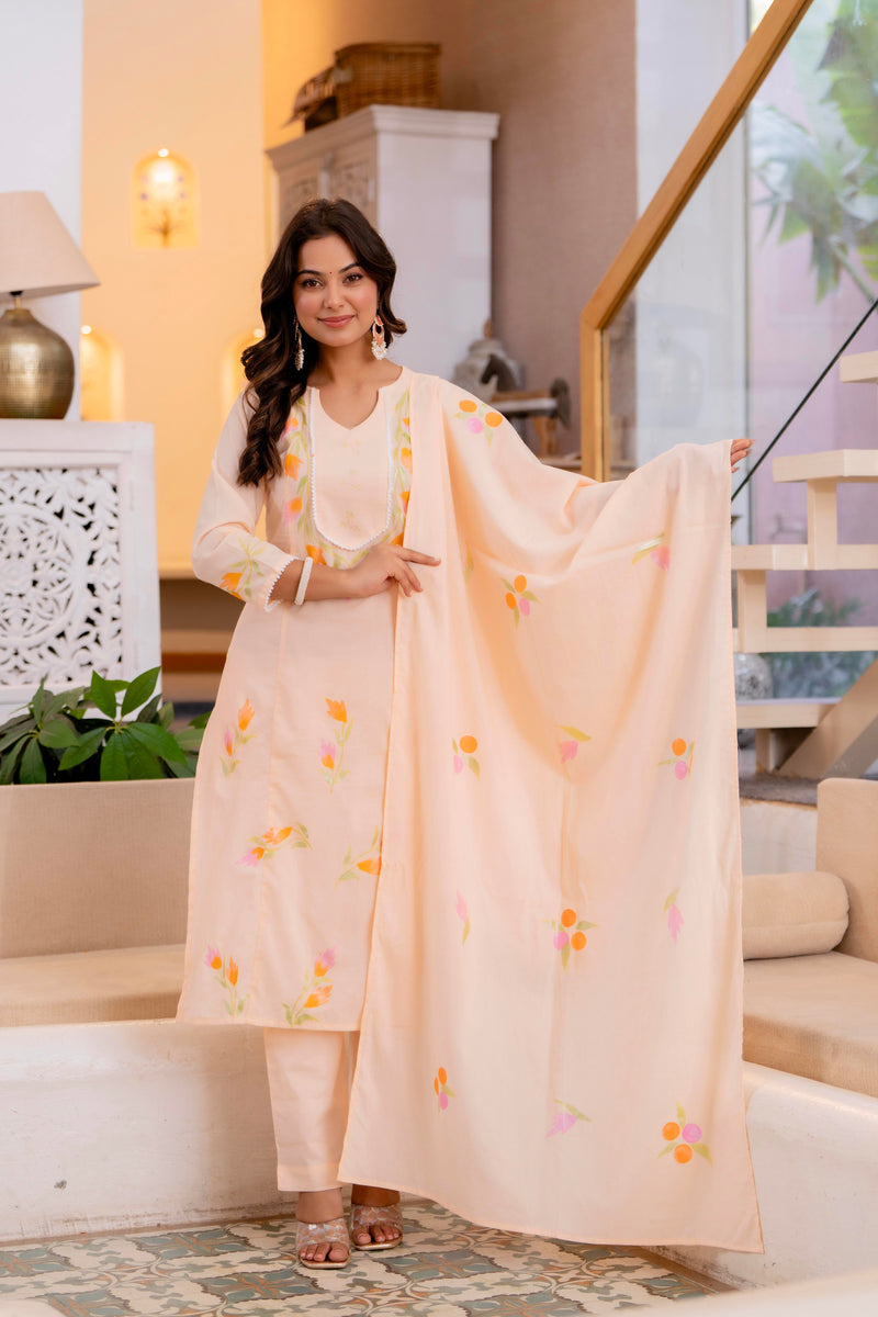 Cotton Schiffli Embroidered Anarkali Kurta Pant and Duptta