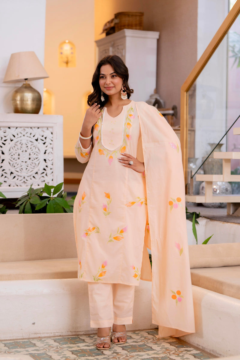 Cotton Schiffli Embroidered Anarkali Kurta Pant and Duptta