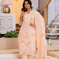 Cotton Schiffli Embroidered Anarkali Kurta Pant and Duptta