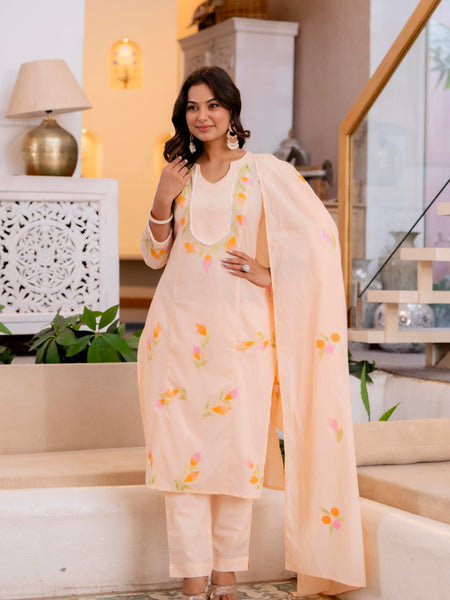 Cotton Schiffli Embroidered Anarkali Kurta Pant and Duptta