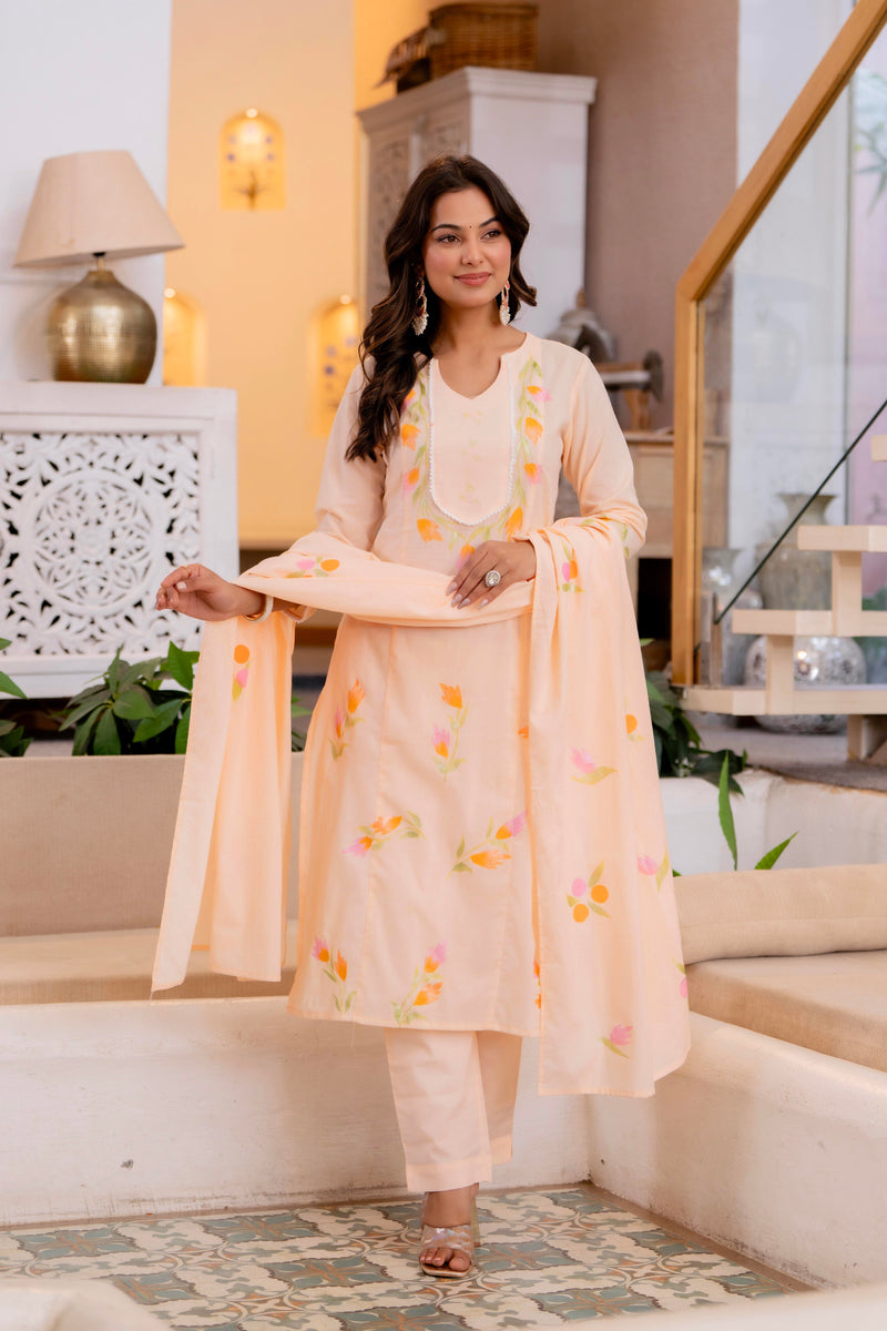 Cotton Schiffli Embroidered Anarkali Kurta Pant and Duptta