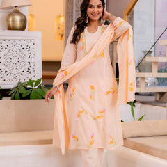 Cotton Schiffli Embroidered Anarkali Kurta Pant and Duptta