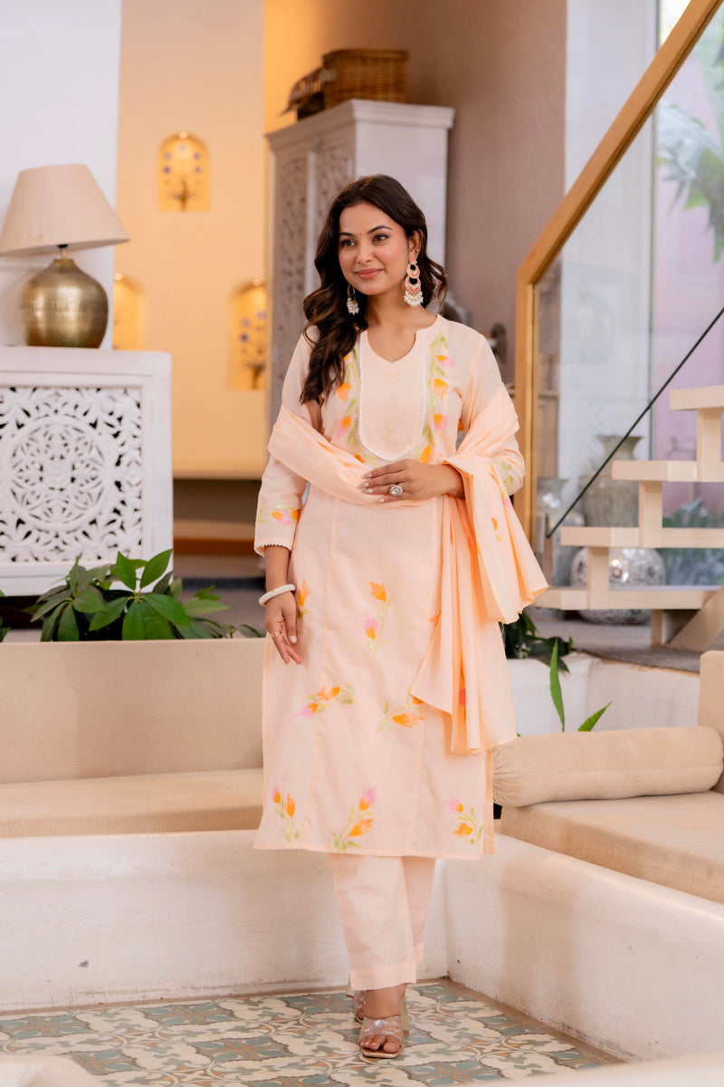 Cotton Schiffli Embroidered Anarkali Kurta Pant and Duptta