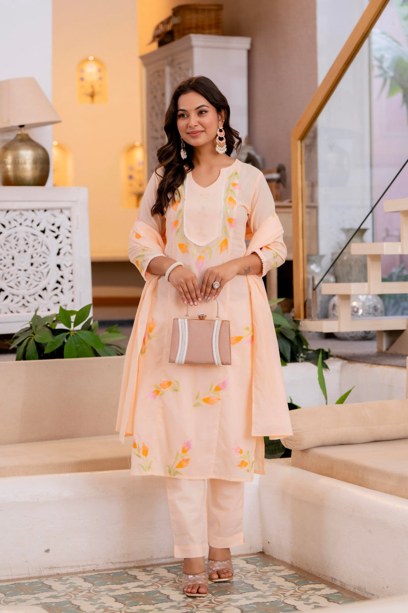 Cotton Schiffli Embroidered Anarkali Kurta Pant and Duptta