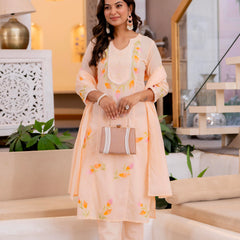 Cotton Schiffli Embroidered Anarkali Kurta Pant and Duptta