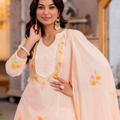 Cotton Schiffli Embroidered Anarkali Kurta Pant and Duptta