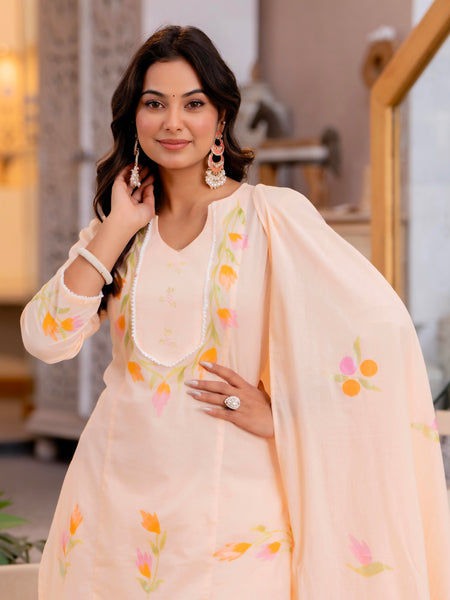 Cotton Schiffli Embroidered Anarkali Kurta Pant and Duptta