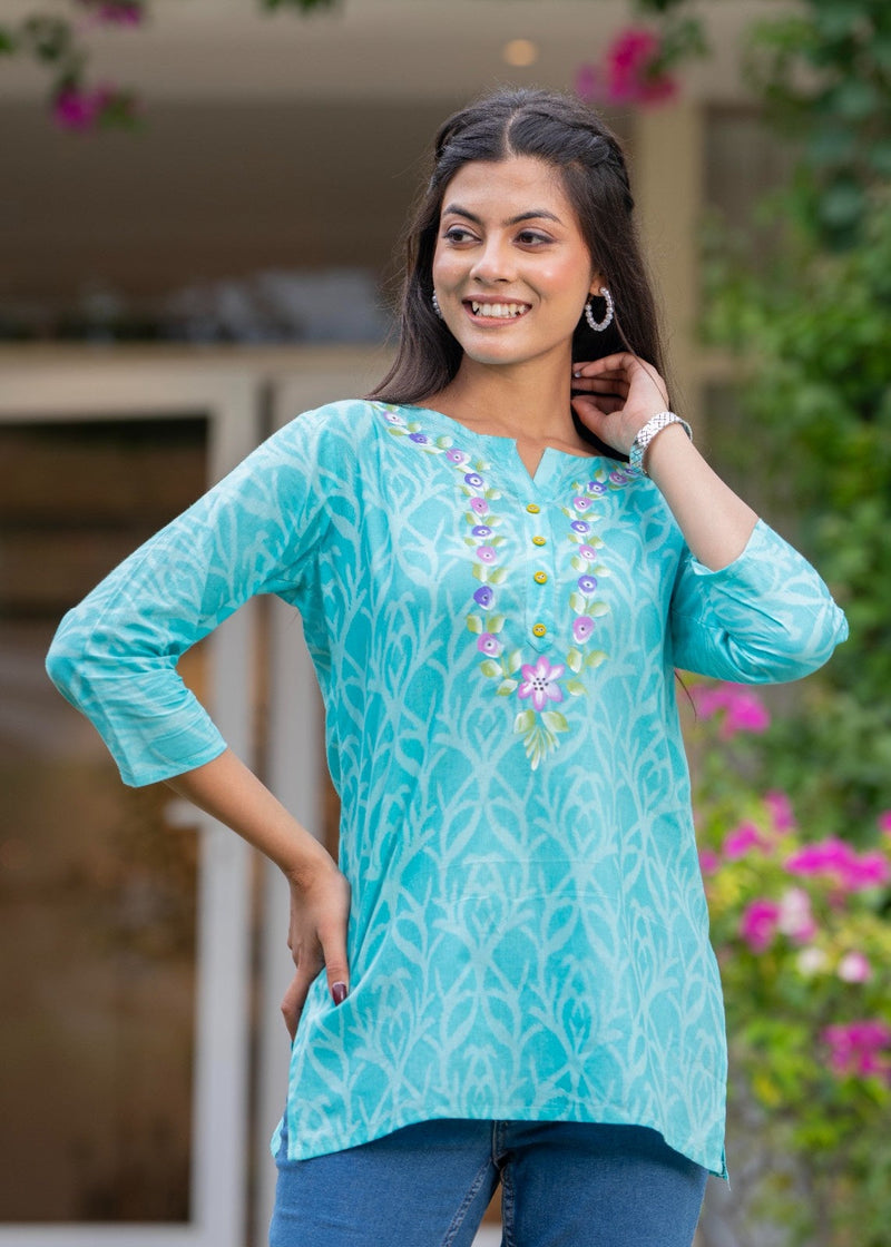 Cotton Hand Painted Straight Short Kurti