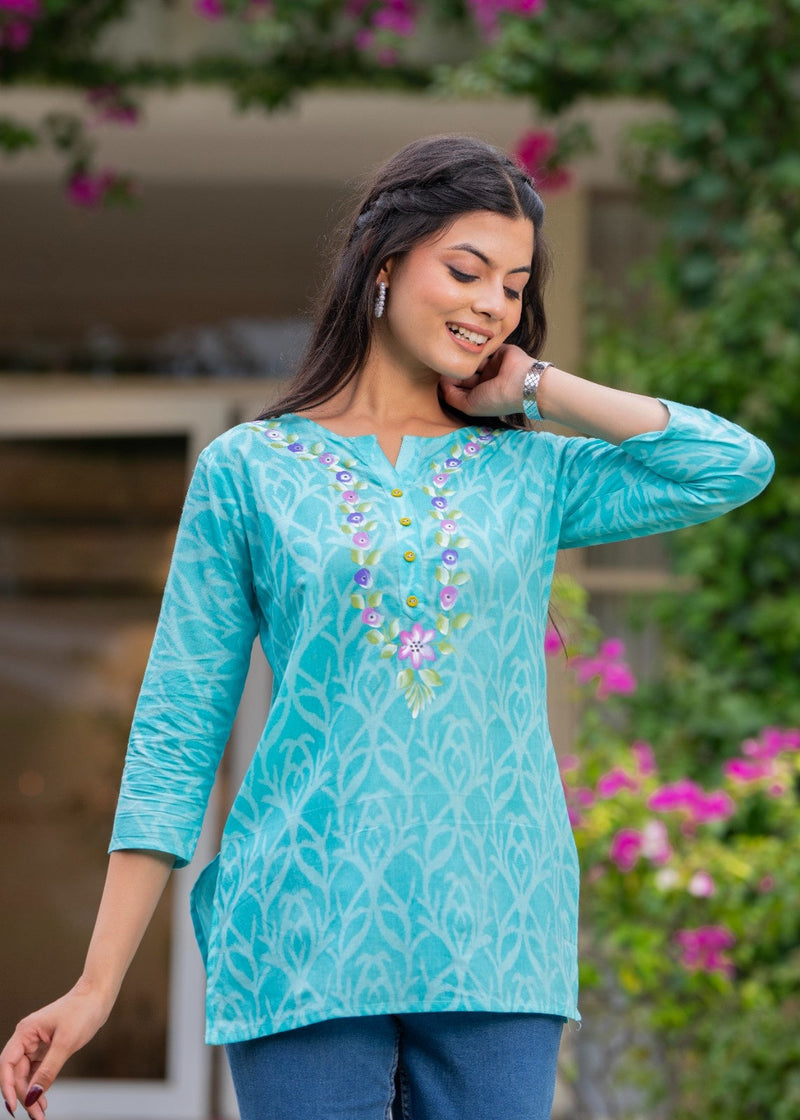 Cotton Hand Painted Straight Short Kurti