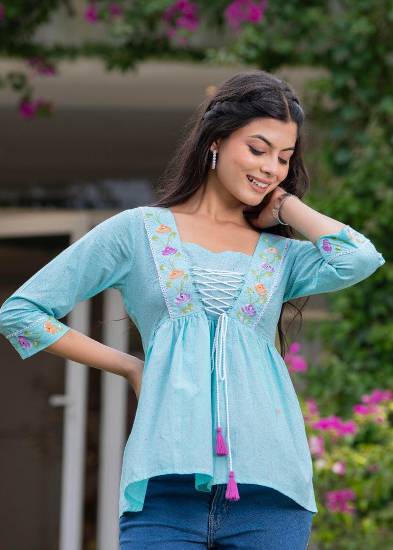 Cotton Hand Printed with Gathers Short Kurti