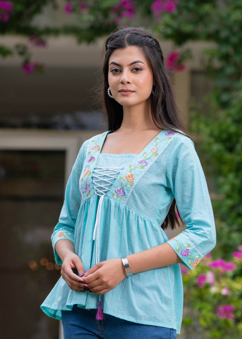 Cotton Hand Printed with Gathers Short Kurti