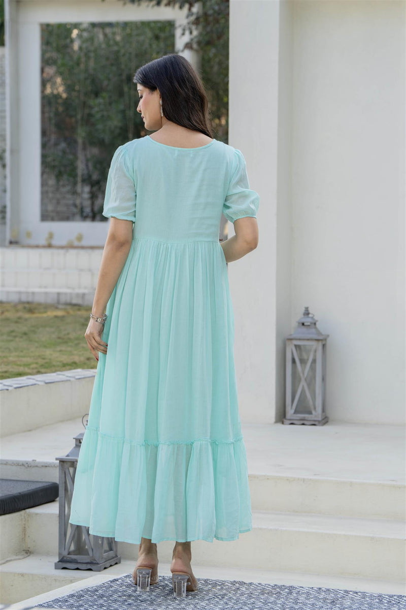 Aqua Round Neck Hand Brush Painted Dress