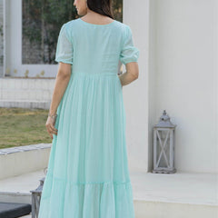 Aqua Round Neck Hand Brush Painted Dress