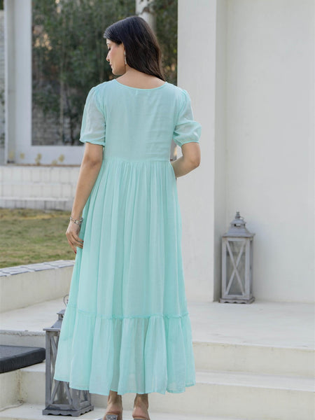 Aqua Round Neck Hand Brush Painted Dress