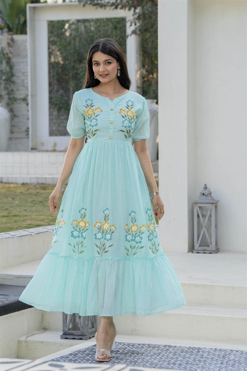 Aqua Round Neck Hand Brush Painted Dress