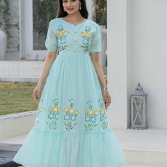 Aqua Round Neck Hand Brush Painted Dress