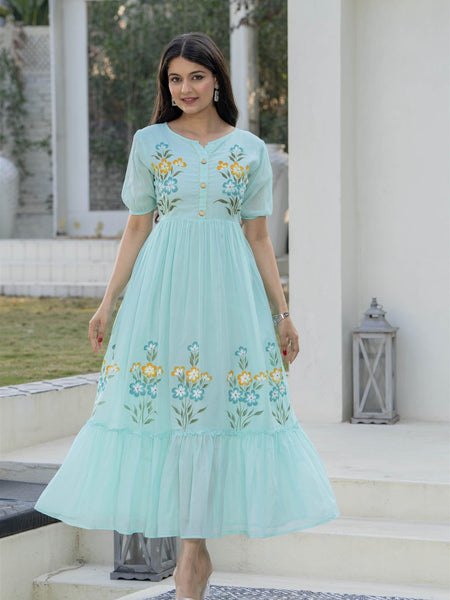 Aqua Round Neck Hand Brush Painted Dress