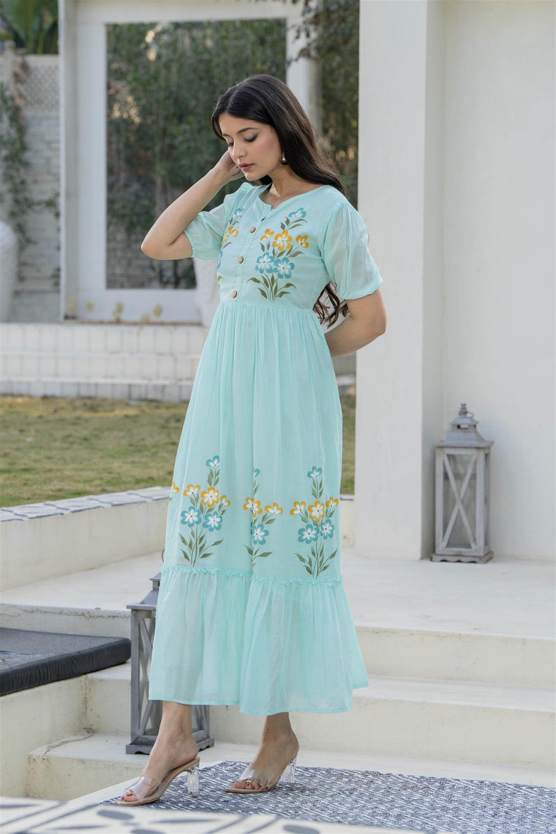 Aqua Round Neck Hand Brush Painted Dress