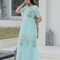 Aqua Round Neck Hand Brush Painted Dress