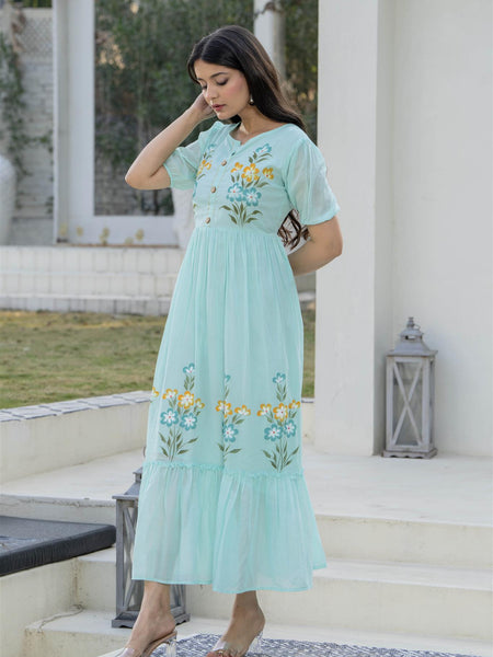 Aqua Round Neck Hand Brush Painted Dress