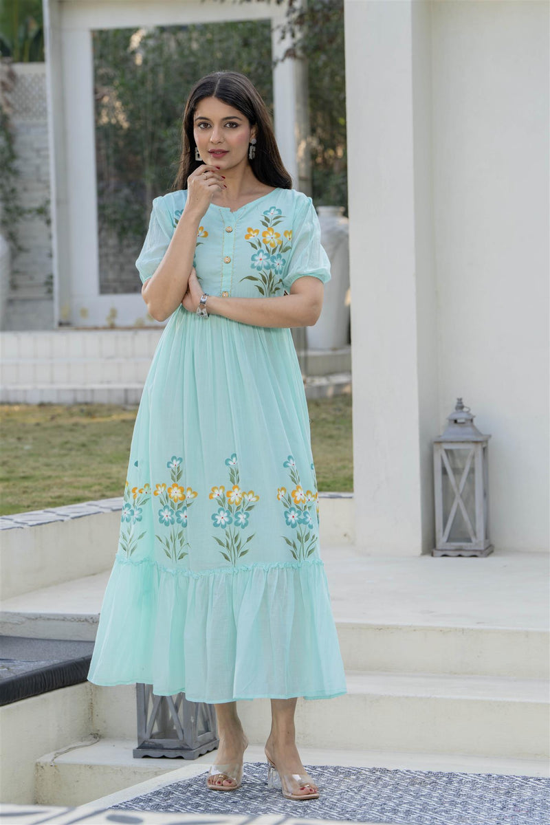 Aqua Round Neck Hand Brush Painted Dress