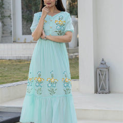 Aqua Round Neck Hand Brush Painted Dress