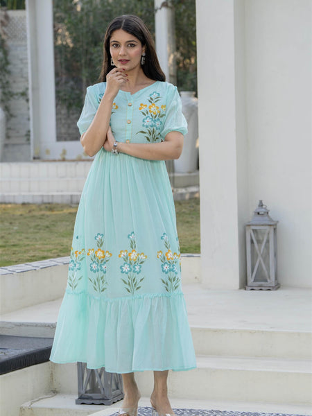 Aqua Round Neck Hand Brush Painted Dress