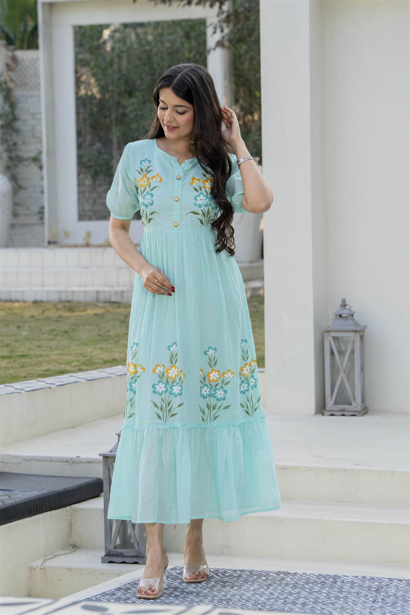 Aqua Round Neck Hand Brush Painted Dress