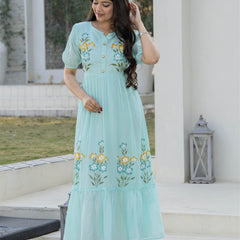 Aqua Round Neck Hand Brush Painted Dress