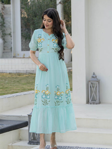 Aqua Round Neck Hand Brush Painted Dress