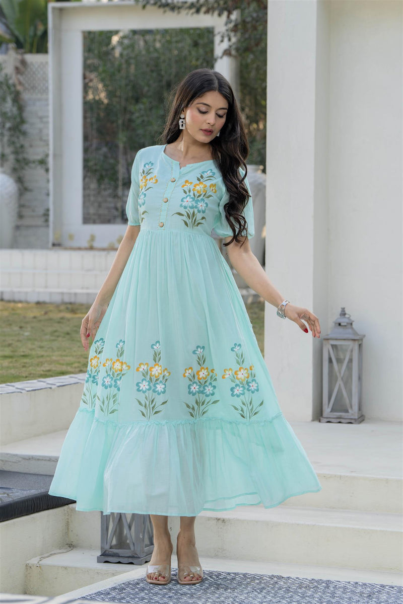 Aqua Round Neck Hand Brush Painted Dress