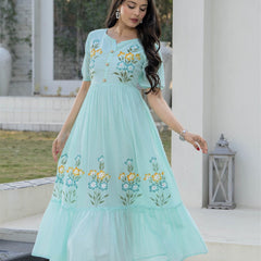 Aqua Round Neck Hand Brush Painted Dress
