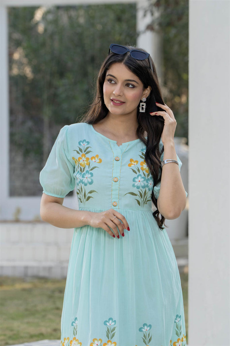 Aqua Round Neck Hand Brush Painted Dress