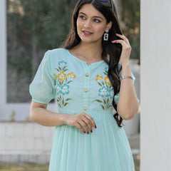 Aqua Round Neck Hand Brush Painted Dress