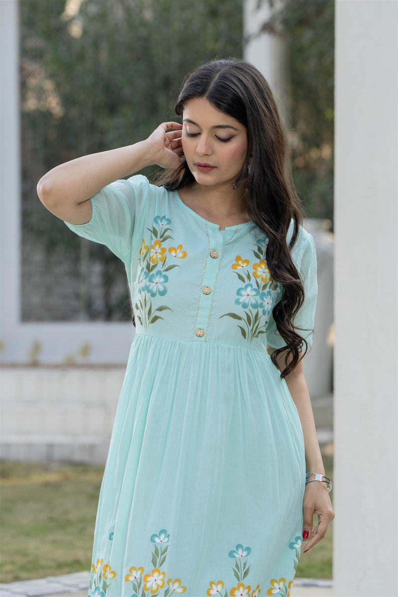 Aqua Round Neck Hand Brush Painted Dress