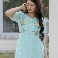 Aqua Round Neck Hand Brush Painted Dress