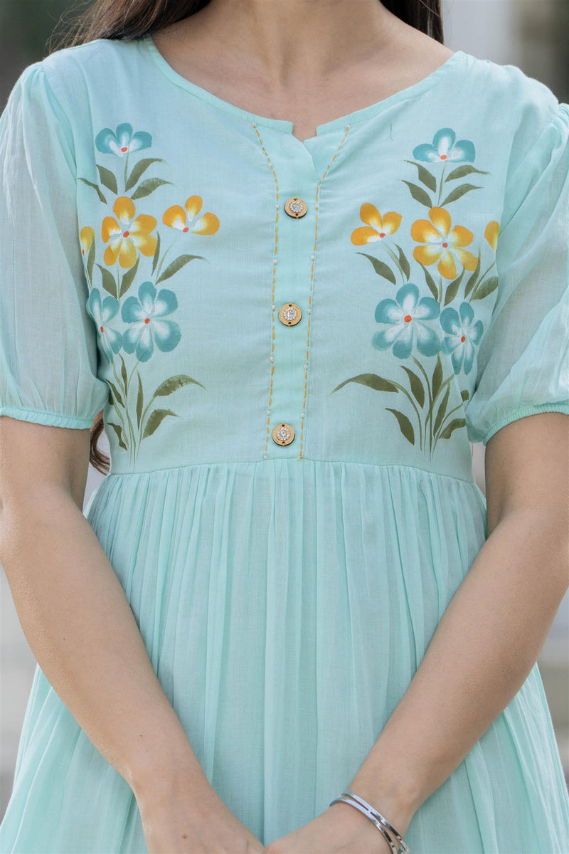 Aqua Round Neck Hand Brush Painted Dress