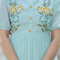 Aqua Round Neck Hand Brush Painted Dress