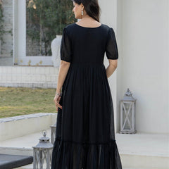 BlackRound Neck Hand Brush Painted Dress