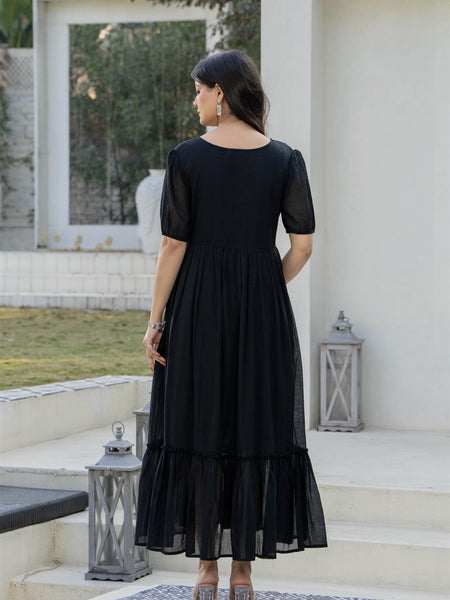 BlackRound Neck Hand Brush Painted Dress