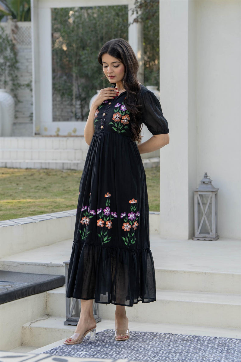 BlackRound Neck Hand Brush Painted Dress