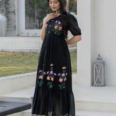 BlackRound Neck Hand Brush Painted Dress