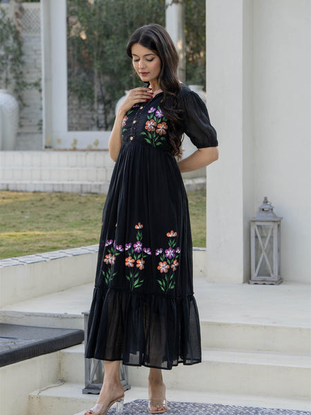 BlackRound Neck Hand Brush Painted Dress