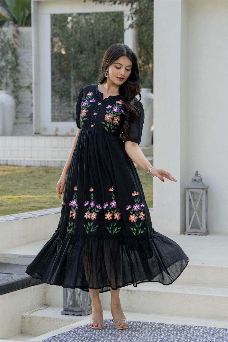 BlackRound Neck Hand Brush Painted Dress