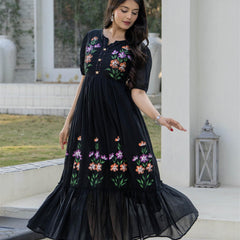 BlackRound Neck Hand Brush Painted Dress